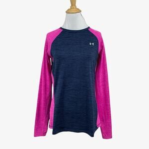 Under Armour Shirt Women L Large Navy Pink ColdGear Fitted Thumbhole Crew Raglan